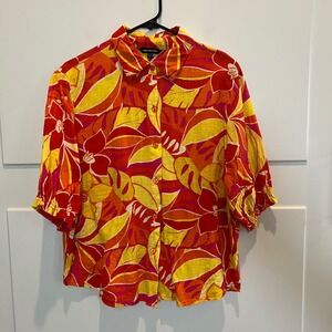 Unique Spectrum Floral Print Cotton Top Red Yellow Tropical Blouse‎ Womens L